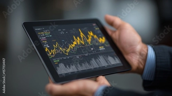 Fototapeta Close-up of a businessman's hand holding a digital tablet showing financial graphs and stock market data
