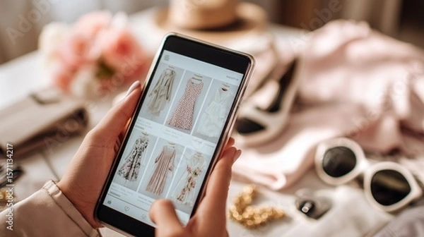 Fototapeta Close-up of a person browsing an online clothing store on a smartphone, selecting dresses and accessories