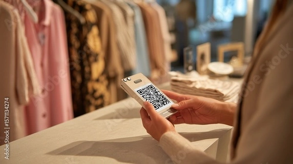 Fototapeta Close-up of a shopper scanning a QR code to pay for clothes at a modern boutique counter