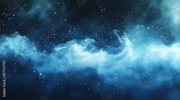Fototapeta Fantastic smoke background. Magic smoke with glitter and small particles of twinkling stars, fog with luminous particles, blue vapor with stardust. Vector illustration.