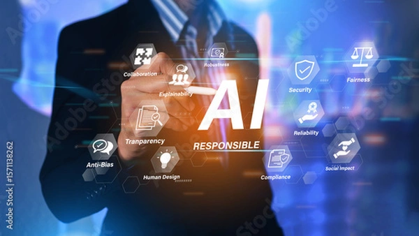 Fototapeta Responsible AI concept with ethical principles transparency and social impact in technology