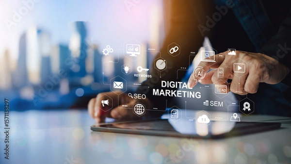 Fototapeta Digital marketing business technology with copy space. Website adertisement email social media network, SEO, SEM video and mobile application icons in virtual screen.