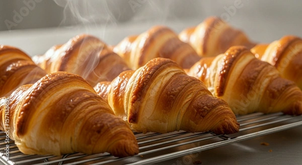 Fototapeta A display of freshly baked croissants, showcasing their golden color and flaky layers