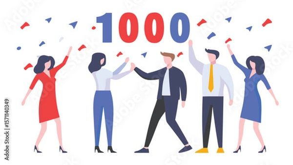 Fototapeta Group of people celebrating achievement with confetti and the number thousand in the background