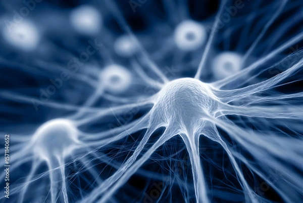 Fototapeta Close-up digital illustration of neural cells interconnected by thin fibers, depicting brain and nervous system activity in a blue-toned microscopic view.