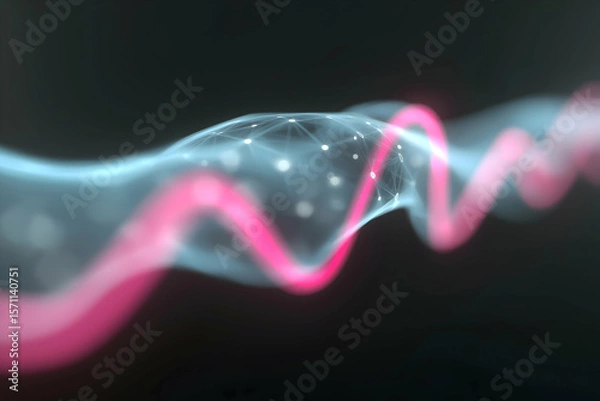 Fototapeta A digital abstract visualization featuring a glowing network globe with connected nodes and a flowing pink waveform against a dark background.