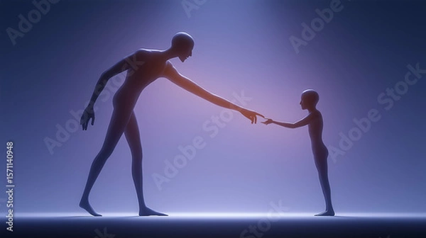 Fototapeta Silhouetted figures of a tall adult and a small child reaching out to touch fingers, symbolizing connection and guidance in a minimalistic, glowing environment.