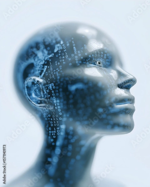 Fototapeta A futuristic, translucent human head with digital circuit patterns symbolizing artificial intelligence and advanced technology.