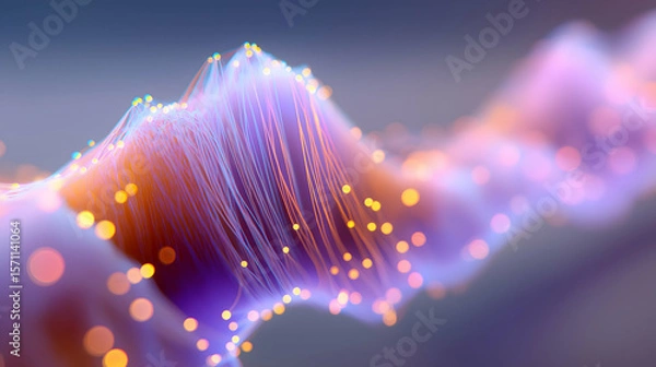 Fototapeta Abstract digital wave with glowing particles and flowing lines creating a futuristic, dynamic visual effect in soft purple and orange hues.