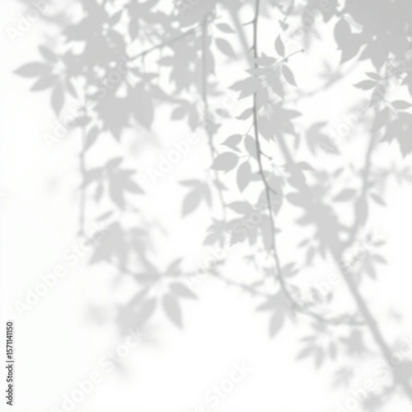 Fototapeta shadow overlay effect. Gray shadow of leaves isolated on white background. Plant foliage leaf shadow light effect. Mockup Blurred tree branch shadow. Ideal for summer spring design elements PNG