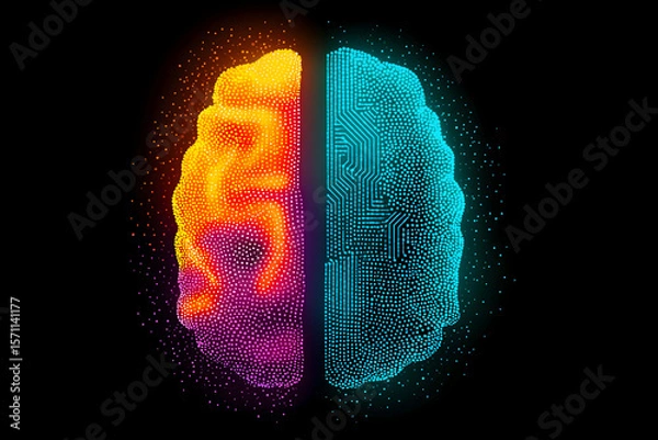 Fototapeta A digital illustration of a human brain split into two halves, one glowing orange and the other blue with circuit-like patterns, symbolizing creativity and technology.