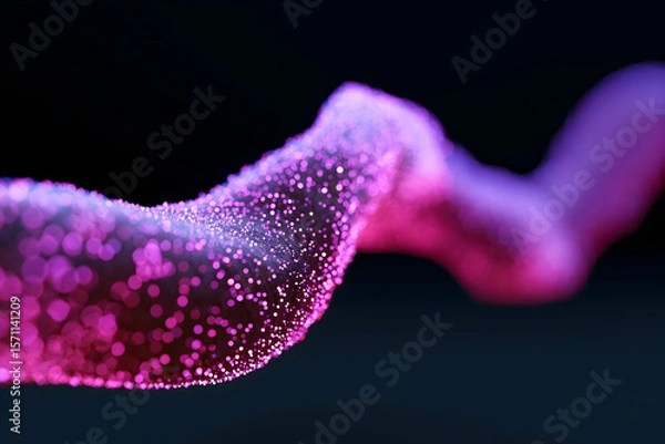 Fototapeta A flowing, abstract wave of glowing pink and purple particles against a dark background, creating a dynamic and futuristic visual effect.
