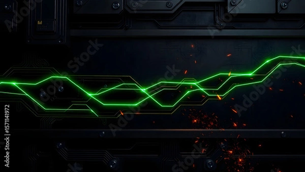 Fototapeta Futuristic Energy Grid: Glowing green energy pulses through a metallic grid in a dark industrial setting, evoking a sense of technological power and innovation.