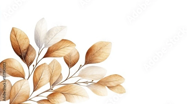 Fototapeta Watercolor Branch with Delicate Brown and White Leaves