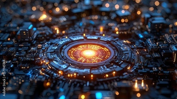 Fototapeta Futuristic Technology Core with Glowing Orange Energy and Complex Circuitry