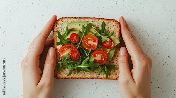 Fototapeta Handheld Avocado Toast with Cherry Tomatoes and Arugula