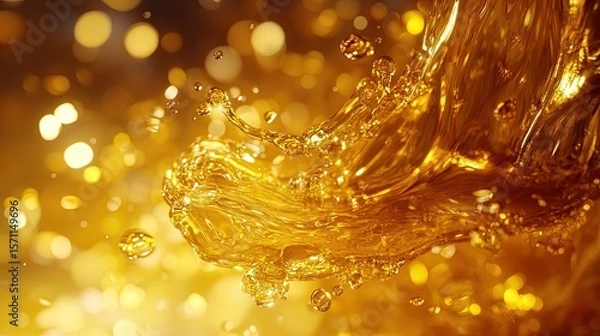 Fototapeta Golden liquid splash with bokeh background, creating a dynamic and visually appealing effect