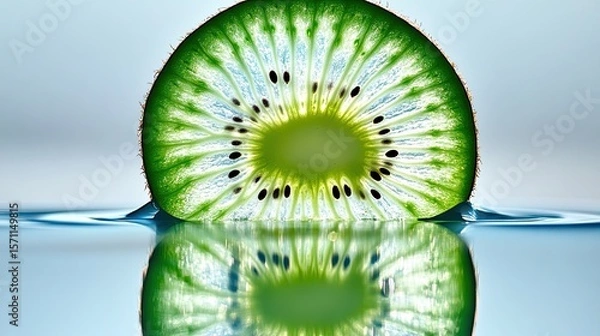 Fototapeta Translucent Kiwi Slice Reflecting in Water, Revealing Seed Details and Texture