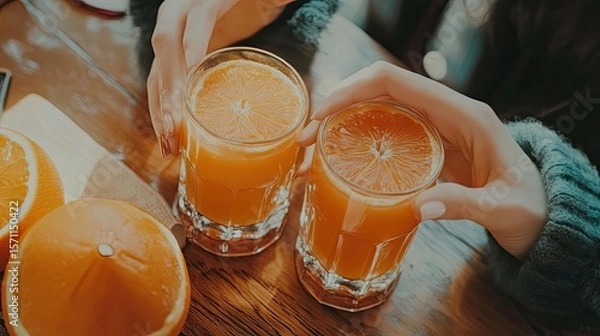 Fototapeta Two Glasses of Orange Juice Held by Hands, Close-up View