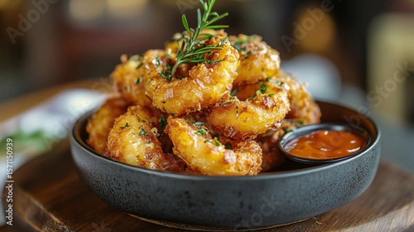 Fototapeta Fried breaded onion rings with sauce on wooden table. Close-up view.