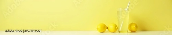 Fototapeta Minimalist composition of whole lemons and glass of lemonade with straw, drink, natural