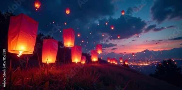 Fototapeta Mesmerizing view of colorful lanterns drifting through dark evening sky, aerial, serene, event
