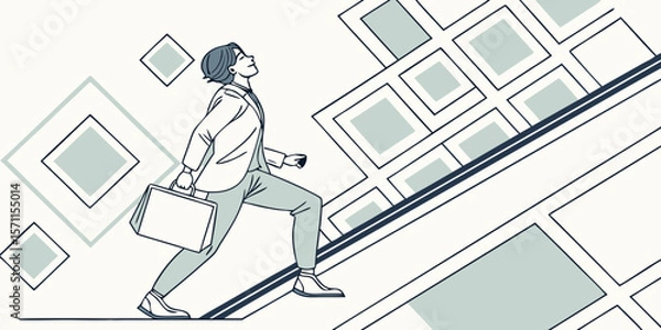 Fototapeta Illustration of a man in a suit climbing a geometric pattern with a briefcase in his hand looking up
