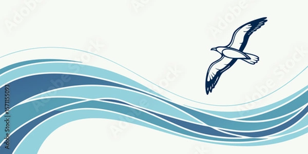 Fototapeta A seagull flying over stylized blue waves on a white background in a simple vector illustration