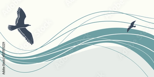 Fototapeta Two seagulls flying over a wavy sea with a light background and a minimalist design style used here