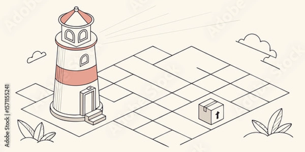 Fototapeta Isometric lighthouse with a red band and a box on a tiled surface under clouds and light rays
