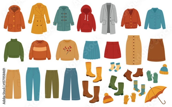 Fototapeta A set of cosy clothes. Autumn sweaters and jackets, socks and hats, rubber boots and shoes, jeans and dresses, autumn accessories. Hand-drawn vector illustration isolated on a white background.