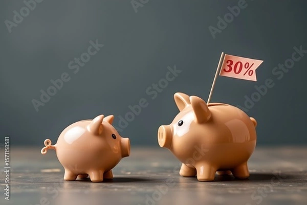 Fototapeta puzzle with piggy bank, percentage icon, and goal flag coming together, savings plan metaphor, clean design, macro lens