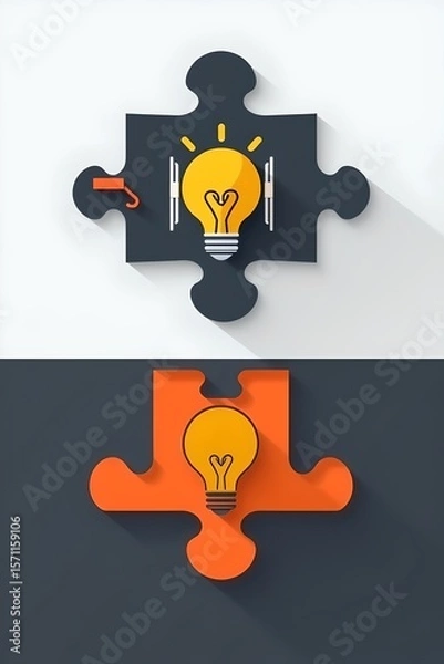 Fototapeta puzzle with book icon, lightbulb symbol, and puzzle icon forming, online learning metaphor, flat design