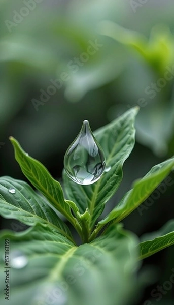Fototapeta water drop icon, shaped by green foliage, clean water awareness, macro symbolic view, misty background