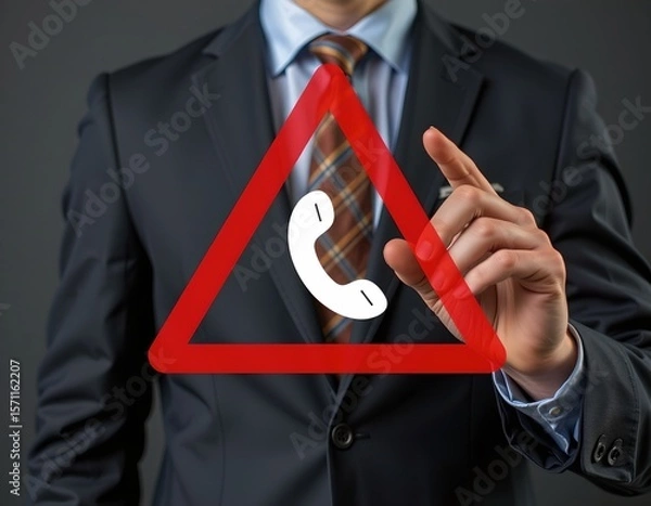 Fototapeta crisis communication plan, executive in suit with warning triangle + phone icon overlay, symbolic campaign image