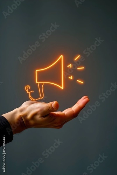 Fototapeta change communication, hand with speaker + refresh icon overlay, symbolic editorial with floating icon layout
