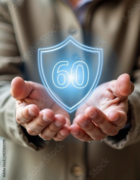 Fototapeta secure retirement planning, hands protecting shield + elderly icon overlay, future protection macro image
