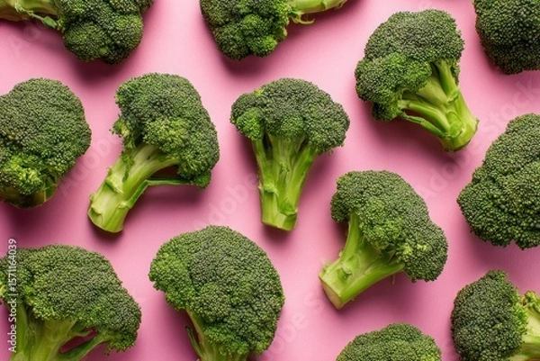 Fototapeta Fresh broccoli heads are arranged in a pattern against a bright pink backdrop