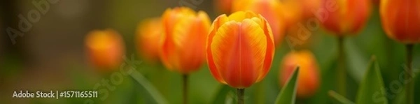 Fototapeta Macro shot of orange tulip in bloom with green leaves, flowers, macro