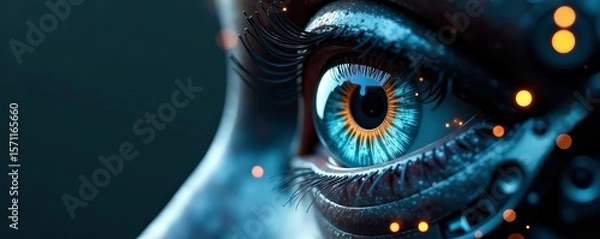 Fototapeta Macro view of futuristic robot eye with intricate mechanical details, mecha, metallic