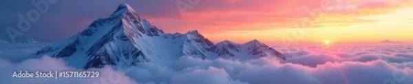 Fototapeta Majestic snowy mountain peak at sunset with fog rolling in, nature, snowy