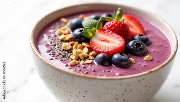 Fototapeta Colorful Berry Smoothie Bowl with Chia Seeds and Fresh Fruits for Healthy Breakfast