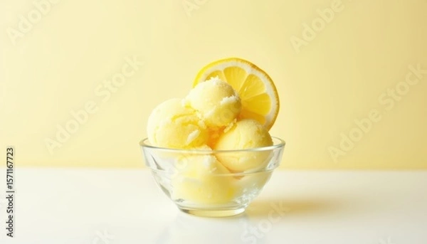 Fototapeta Refreshing Lemon Sorbet in Clear Bowl with Lemon Slice Against Soft Yellow Background