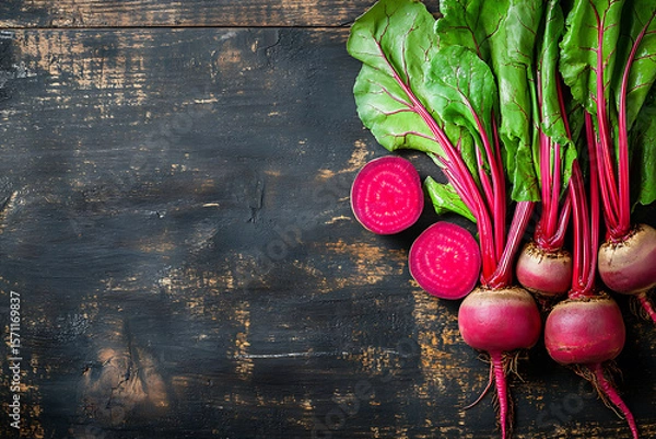 Obraz Fresh beetroots with green leaves and sliced halves arranged on dark wooden surface