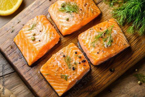 Obraz Four salmon fillets seasoned with dill and pepper displayed on wooden board