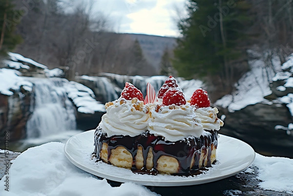 Obraz Raspberry topped cake with chocolate drizzle on a plate in a snowy outdoor setting with a waterfall