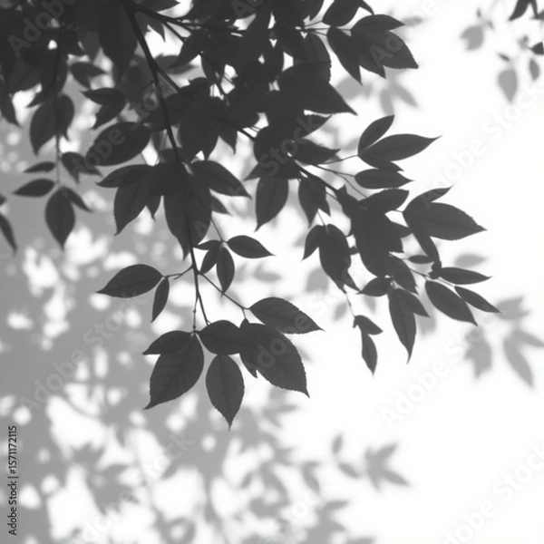 Fototapeta shadow overlay effect. Gray shadow of leaves isolated on white background. Plant foliage leaf shadow light effect. Mockup Blurred tree branch shadow. Ideal for summer spring design elements PNG