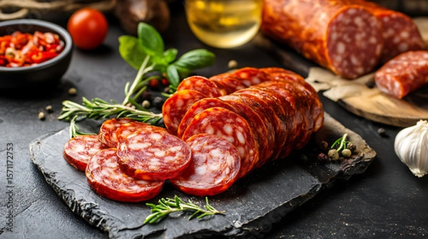 Obraz Sliced chorizo sausage on a black stone board with herbs and garlic.