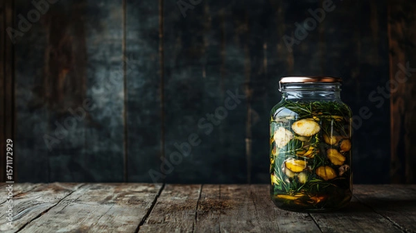 Obraz Pickled garlic cloves and rosemary in glass jar on rustic wooden surface