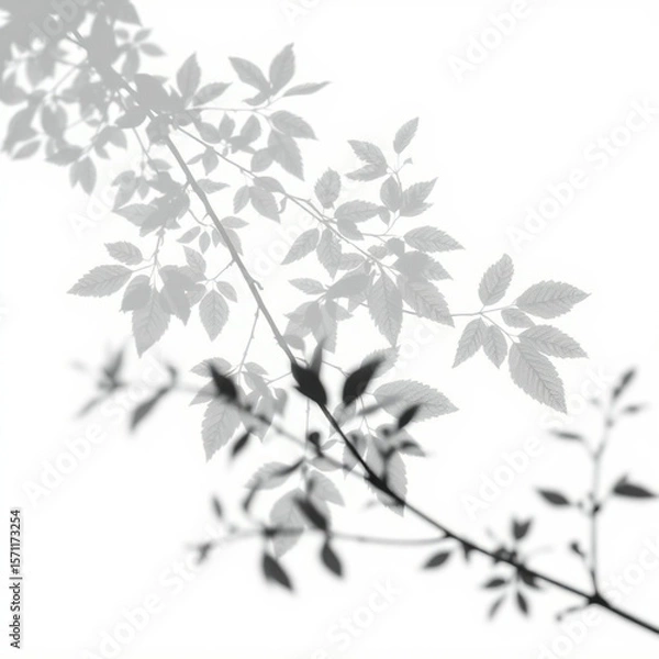 Fototapeta shadow overlay effect. Gray shadow of leaves isolated on white background. Plant foliage leaf shadow light effect. Mockup Blurred tree branch shadow. Ideal for summer spring design elements PNG